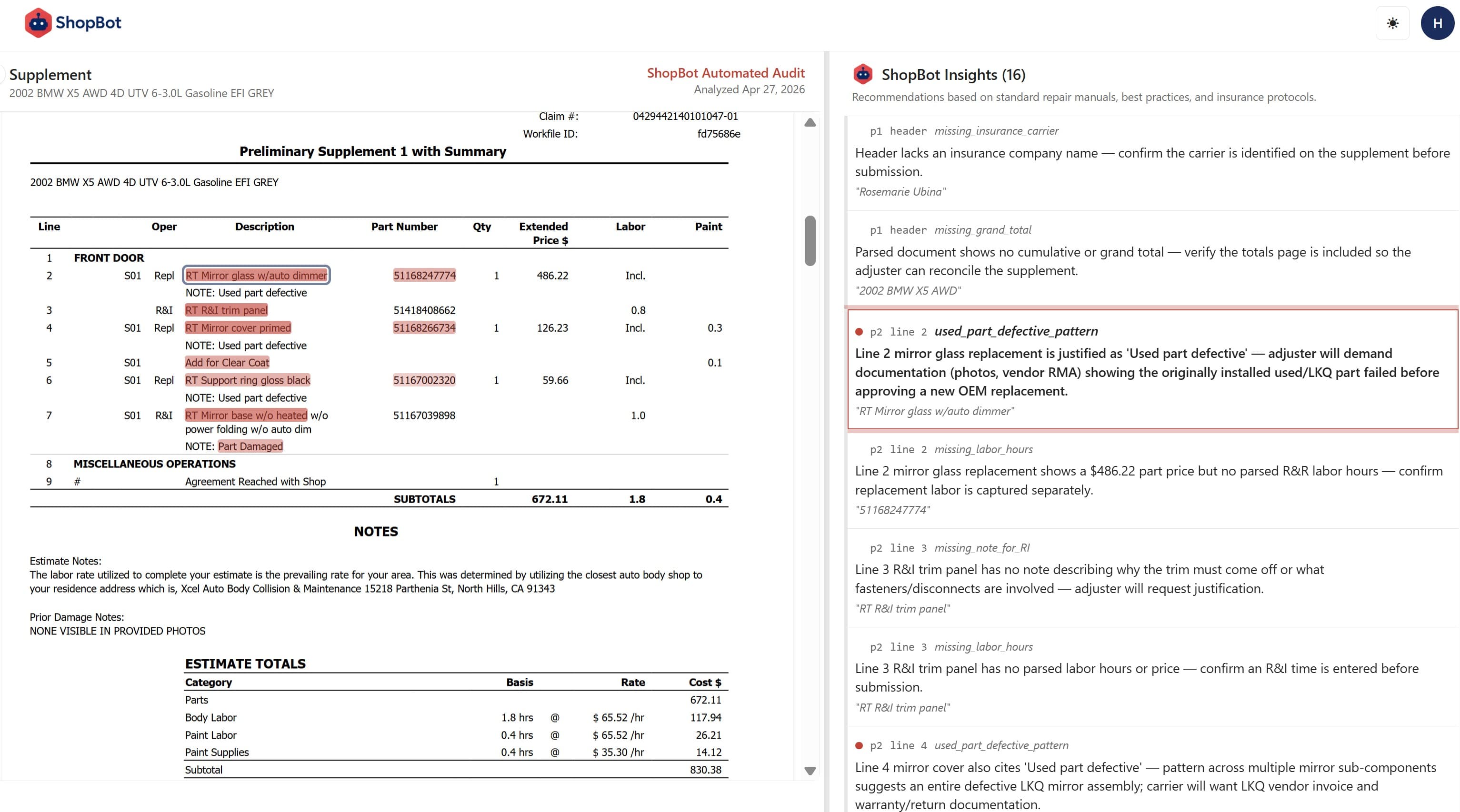 SanctifAI Auto audit view of a 2002 BMW X5 insurance supplement, showing flagged line items and adjuster style insights